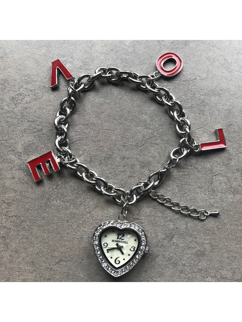 Bombshell Womens Charm Braclet Watch Silver Tone Case & Band BC